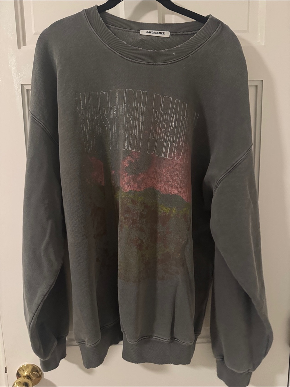 Daydreamer Washed Gray Graphic Crewneck with Faded Mountain Print